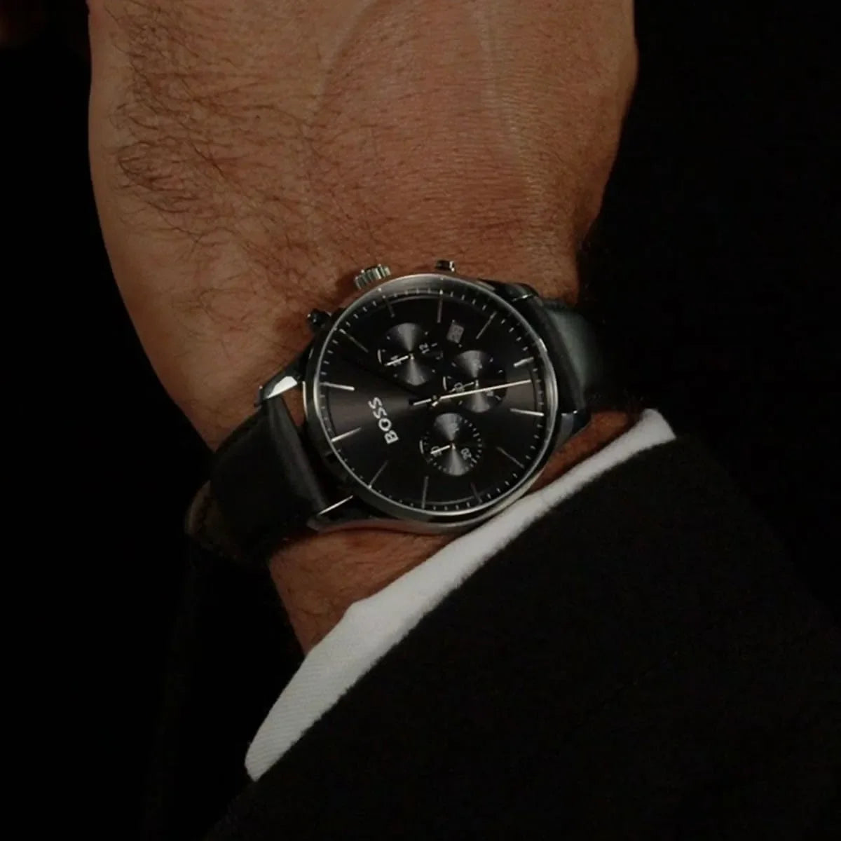 Hugo Boss Avery chronograph watch worn on wrist showing black dial and case