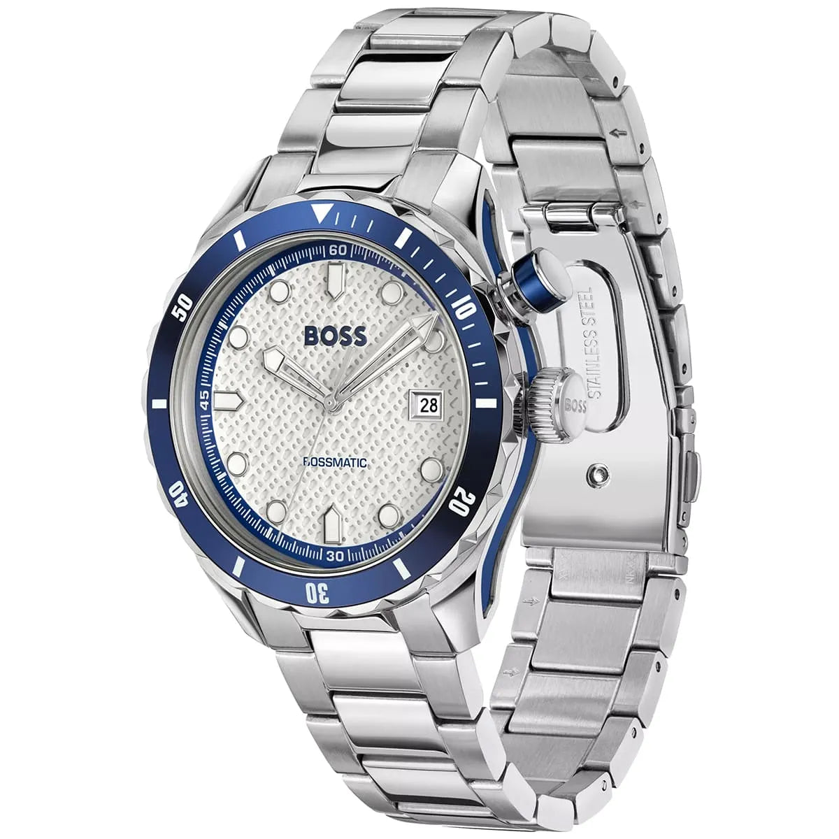 Hugo Boss Skymaster Quartz watch shown at angle displaying dial and metal bracelet