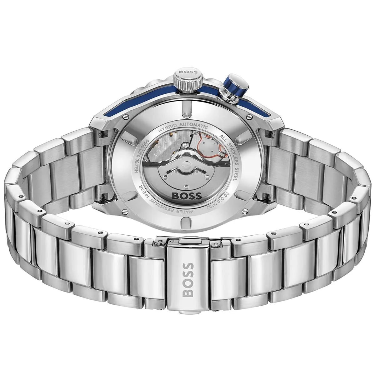 Hugo Boss Skymaster watch caseback showing automatic movement and BOSS branding