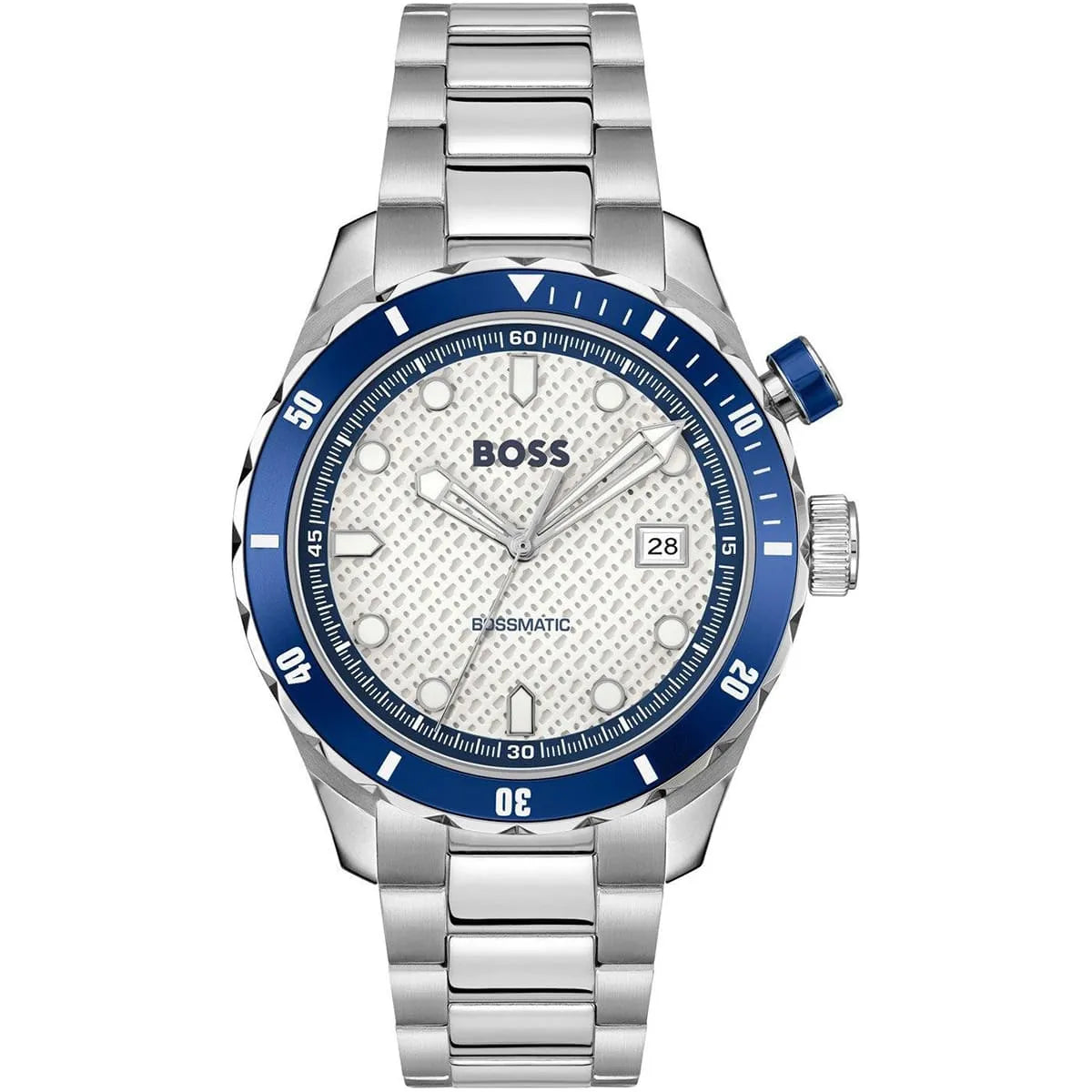 Hugo Boss Skymaster Quartz men's watch with white dial, blue bezel, and stainless steel bracelet