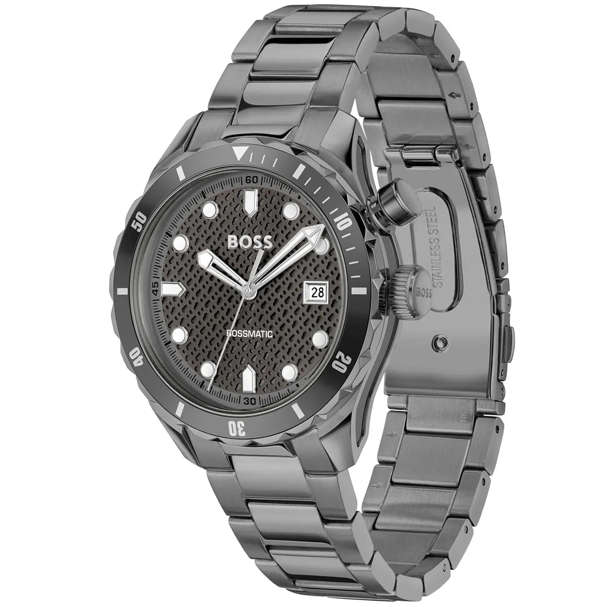Hugo Boss stainless steel watch shown at angle displaying case profile and bracelet links