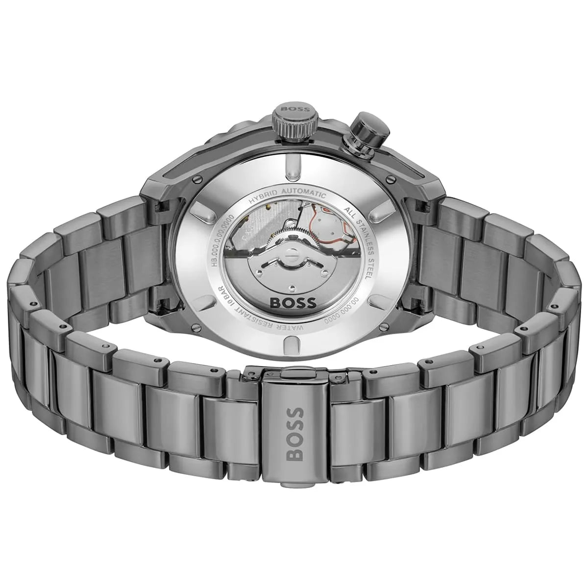 Hugo Boss watch caseback showing stainless steel bracelet and transparent display back