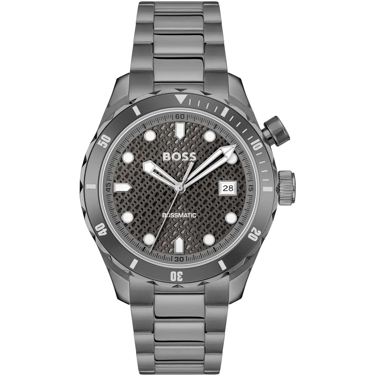 Hugo Boss men's watch with gray textured dial, stainless steel case and bracelet, white hour markers