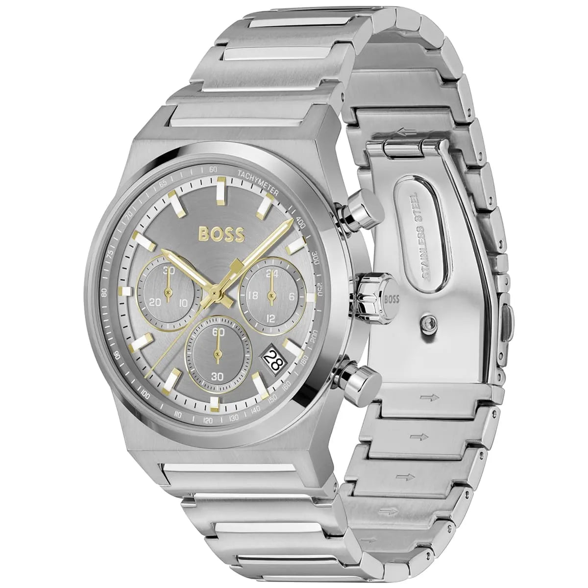 Side angle view of Hugo Boss Candor watch showing stainless steel bracelet and chronograph pushers