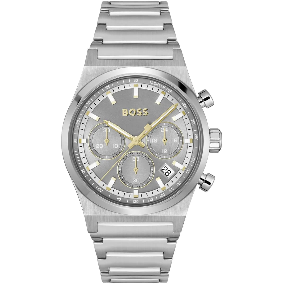 Hugo Boss Candor chronograph watch with gray dial, three subdials, gold hands and stainless steel bracelet