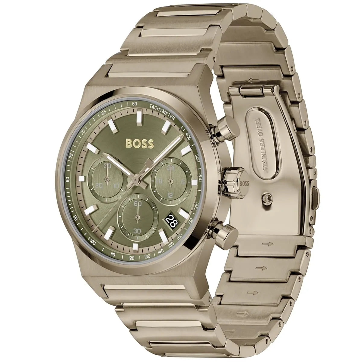 Hugo Boss Candor watch shown from angle with green dial and metal bracelet visible