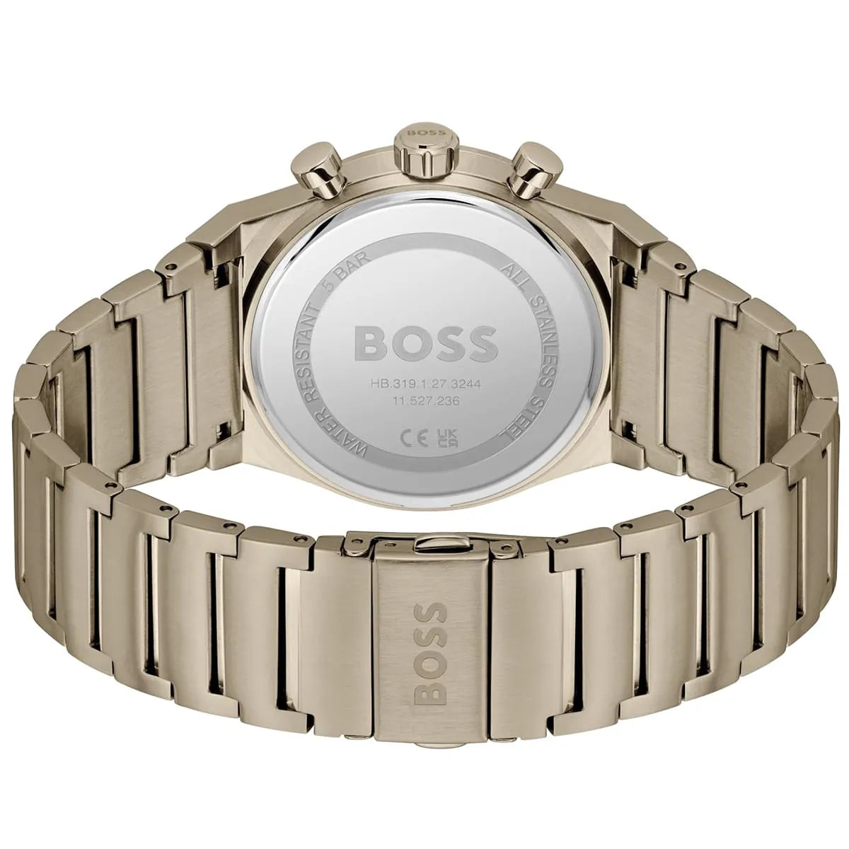 Hugo Boss Candor watch caseback showing stainless steel case back and bracelet