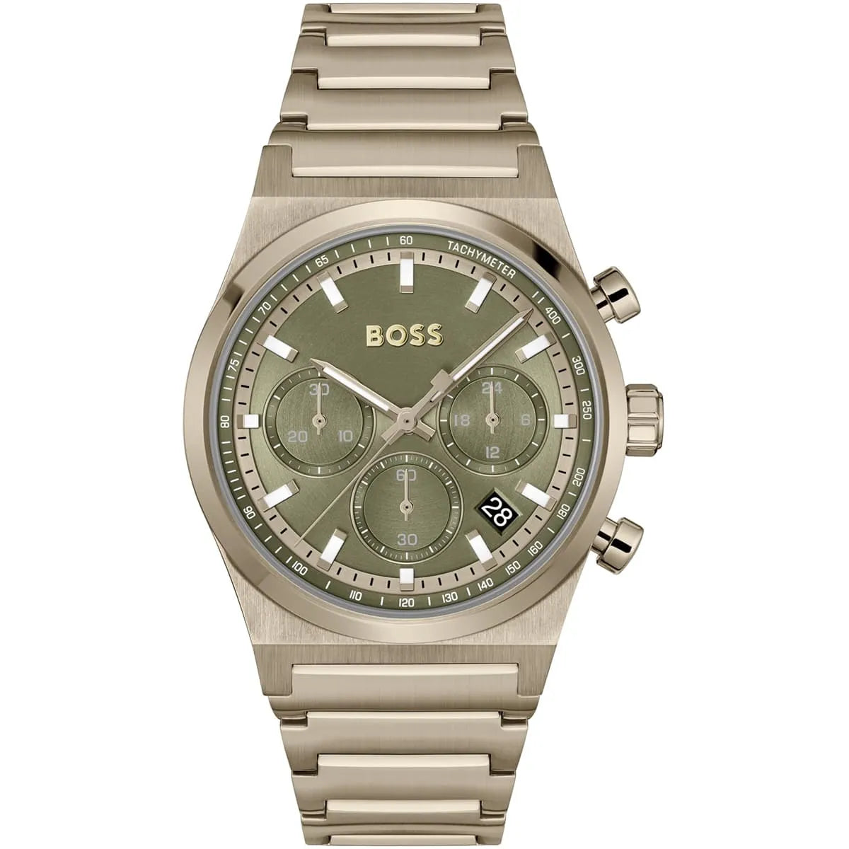 Hugo Boss Candor chronograph watch with green dial and stainless steel bracelet