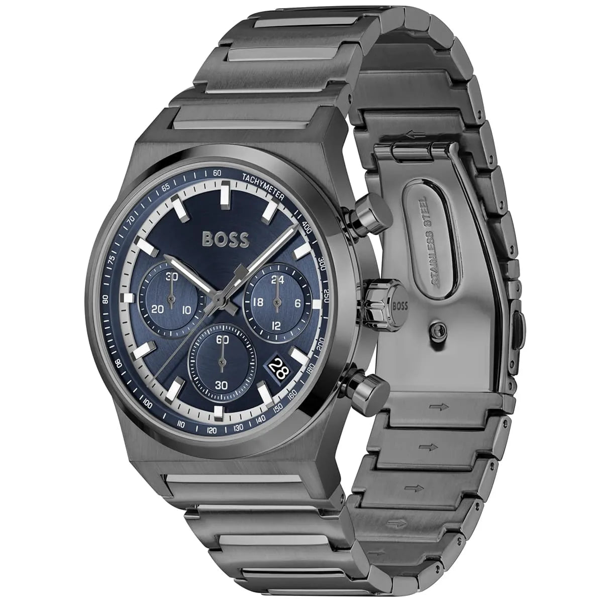 Side angle view of Hugo Boss Candor Chrono with gun stainless steel bracelet and blue chronograph dial