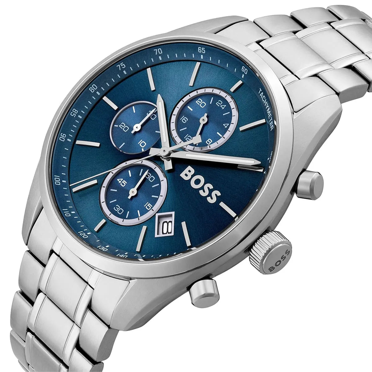Hugo Boss Grand Prix chronograph watch displayed at angle showing chronograph pushers and dial