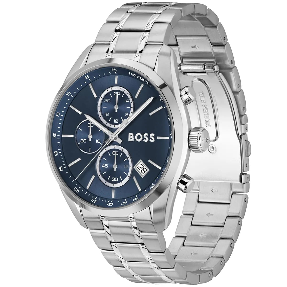 Hugo Boss Grand Prix watch showing blue dial and side profile of stainless steel bracelet