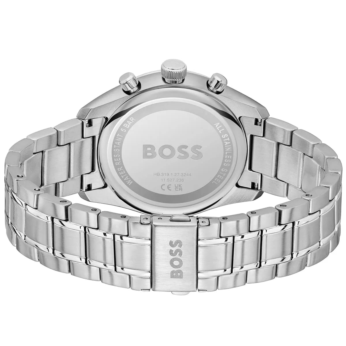 Hugo Boss Grand Prix caseback showing stainless steel construction and watch specifications