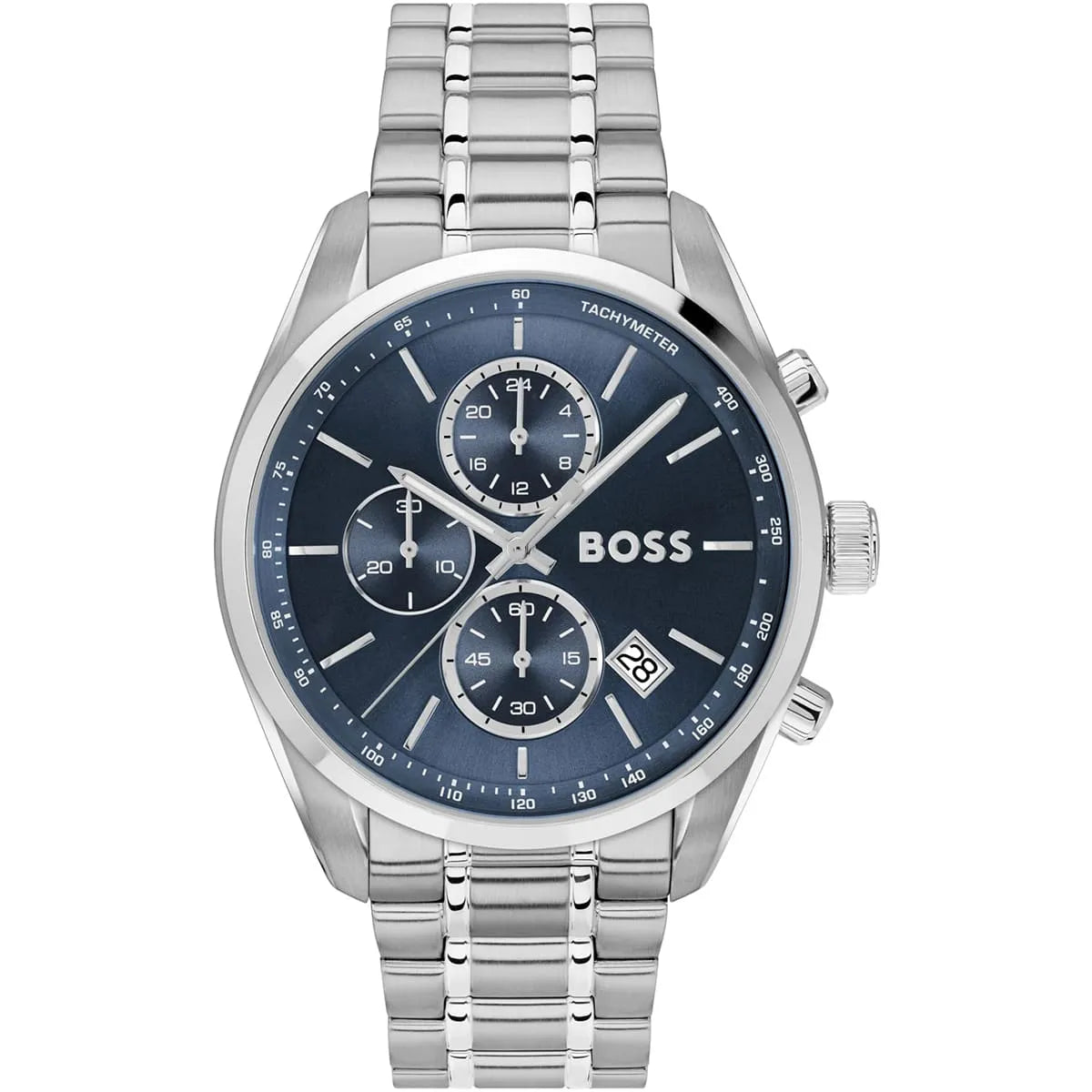 Hugo Boss Grand Prix chronograph men's watch with blue dial and stainless steel bracelet