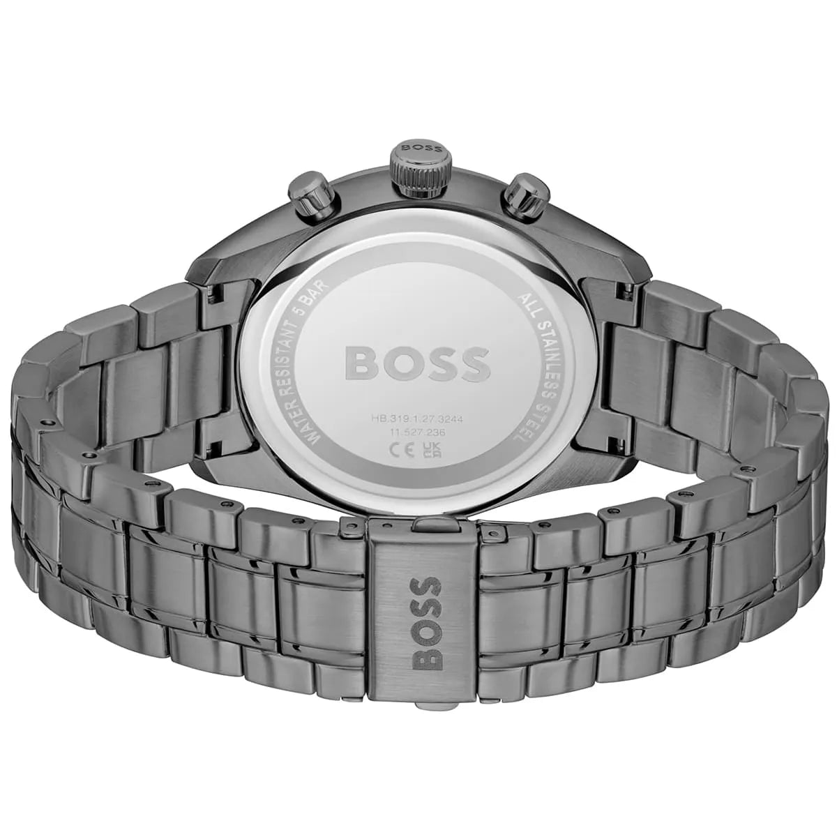 Hugo Boss Grand Prix watch caseback displaying gunmetal grey stainless steel with BOSS branding