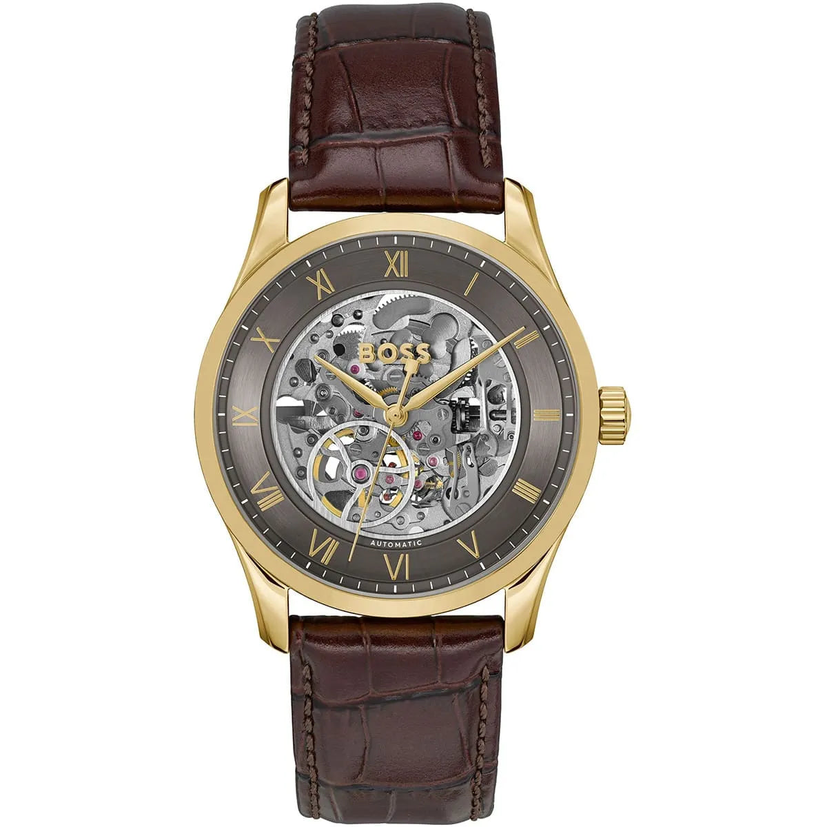 Hugo Boss skeleton automatic men's watch with gold case, dark grey dial, and brown leather strap