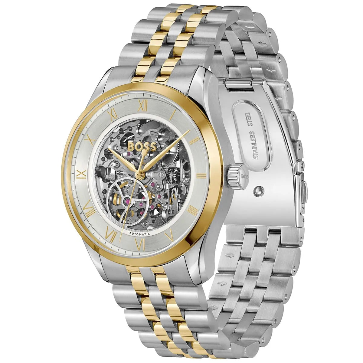 Hugo Boss Principle skeleton watch side view showing two-tone strap and gold bezel