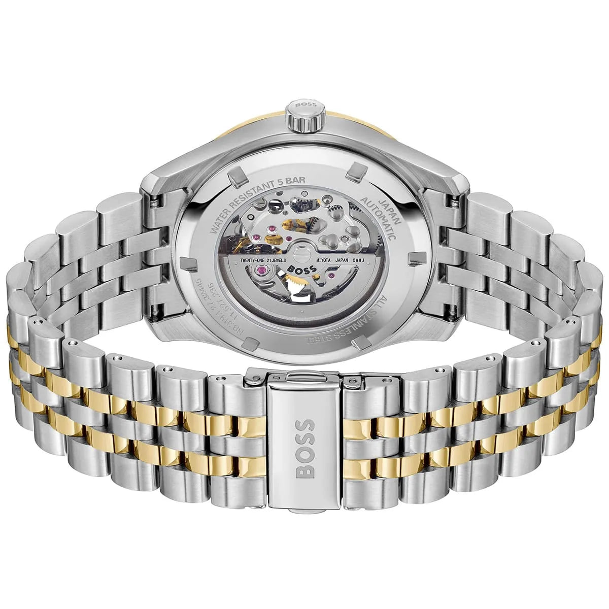 Hugo Boss Principle skeleton watch caseback showing visible automatic movement and mechanism