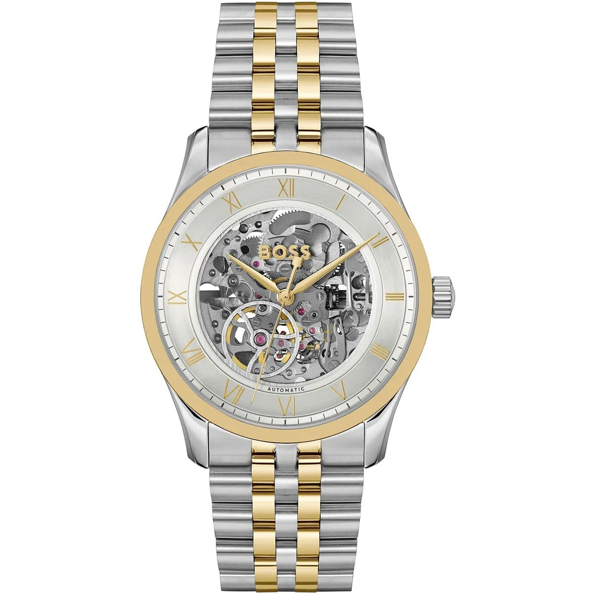 Hugo Boss Principle skeleton watch with two-tone silver and gold strap, white dial, visible movement