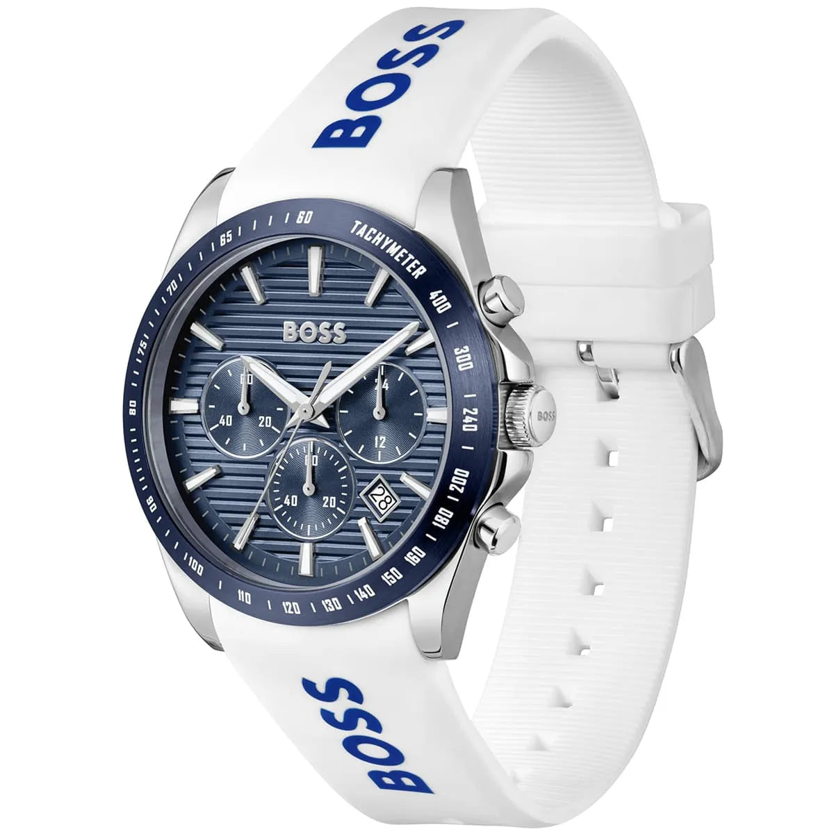 Hugo BOSS STRIKE watch angled view displaying blue dial, white strap, and chronograph subdials