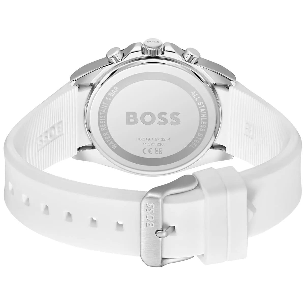 Hugo BOSS STRIKE watch caseback showing stainless steel case and white rubber strap