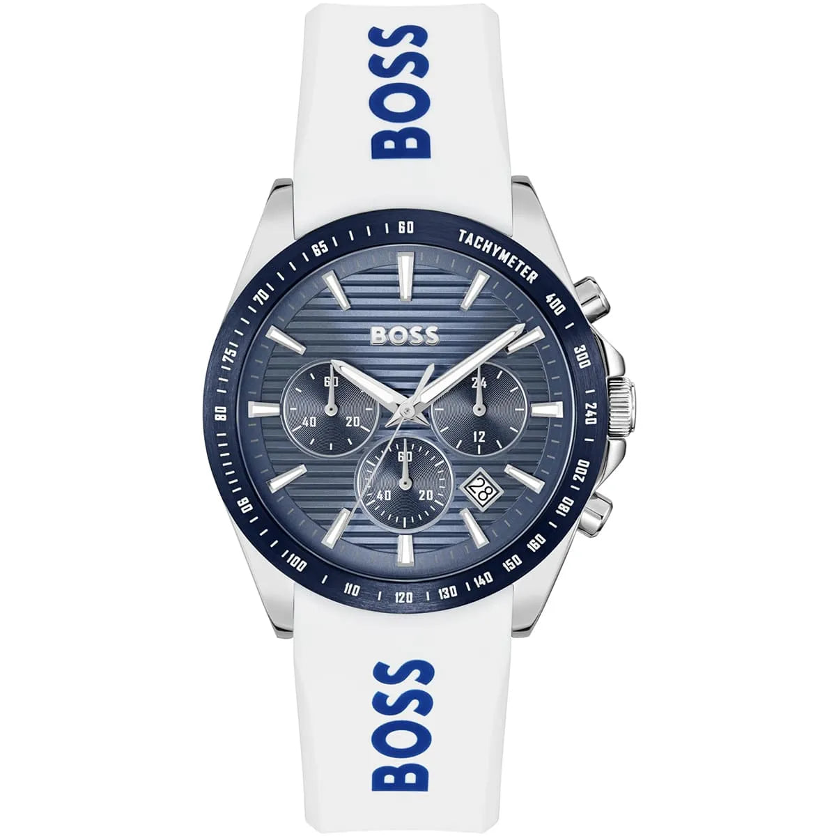 Hugo BOSS STRIKE chronograph men's watch with grooved blue dial and white BOSS strap