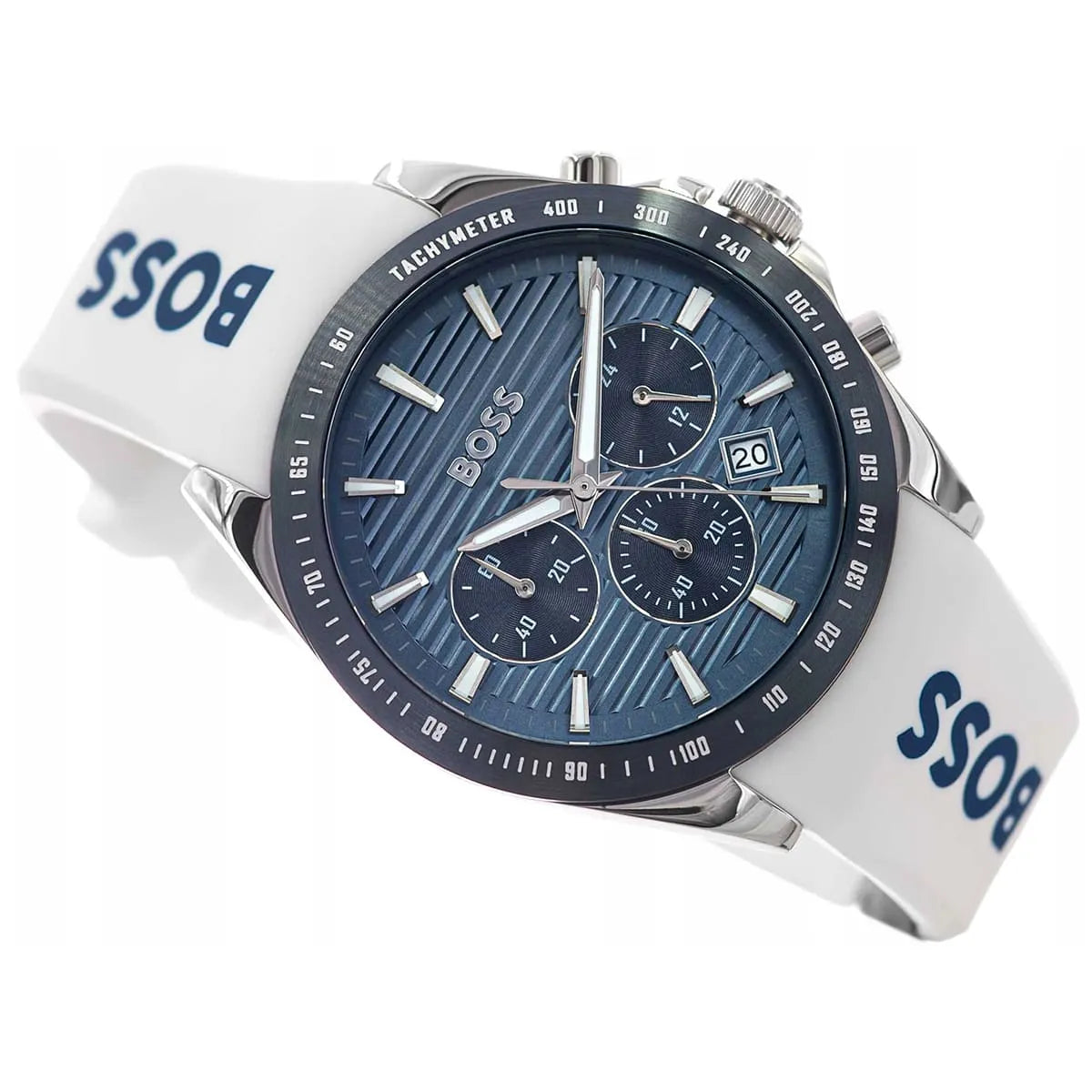 Hugo BOSS STRIKE white rubber strap with BOSS branding and silver chronograph case