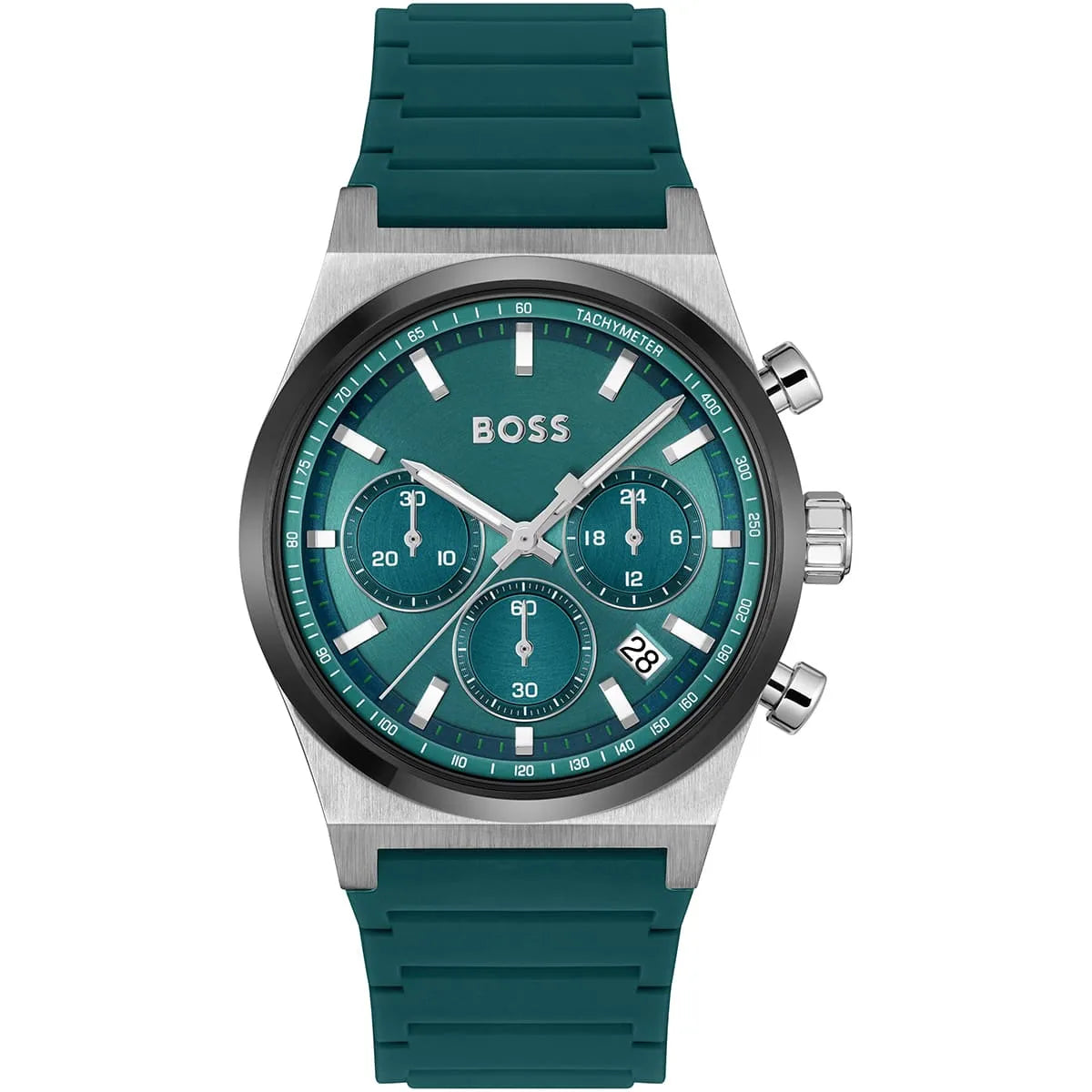 Hugo Boss chronograph watch with green dial and green silicone strap
