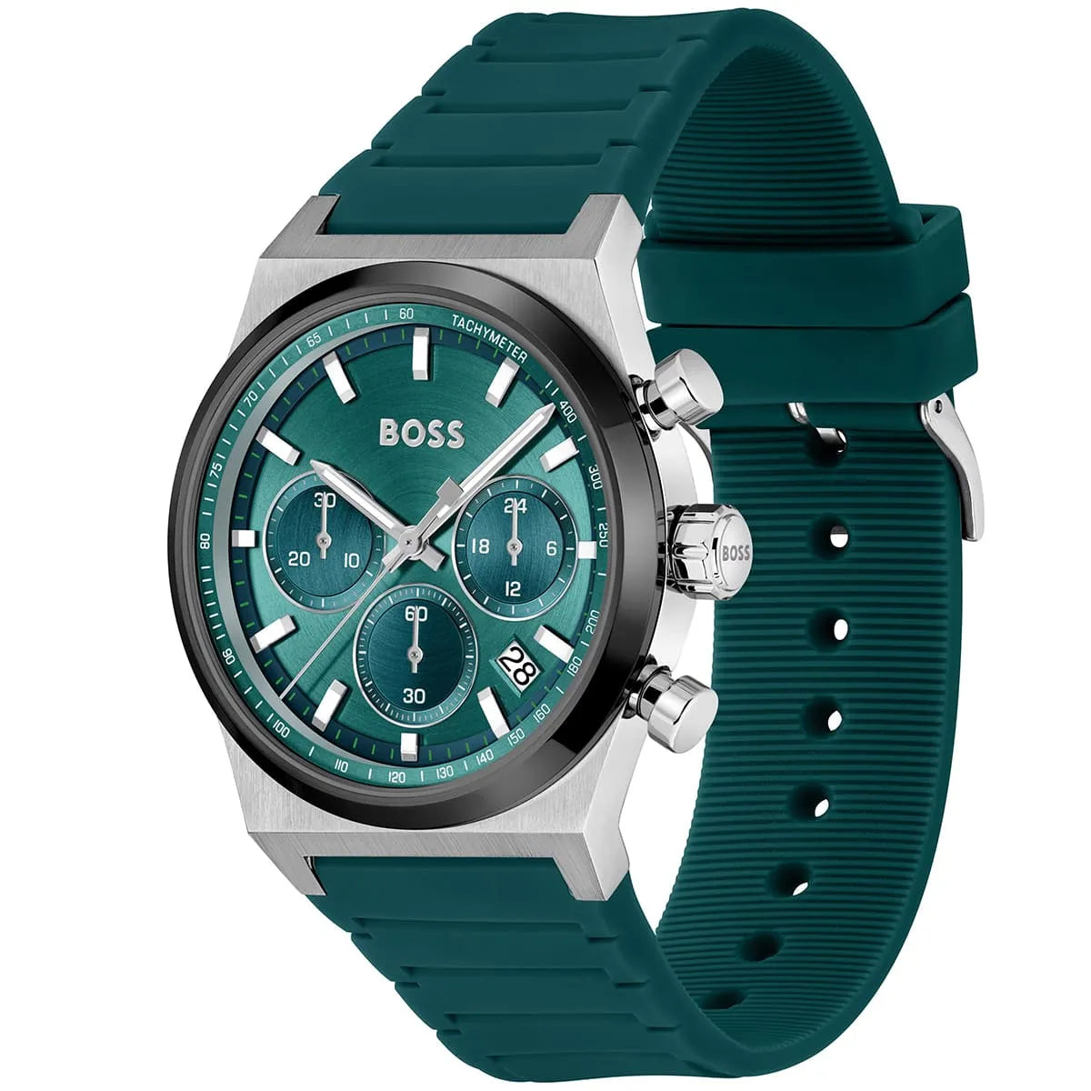 Hugo Boss chronograph watch at angle showing green silicone strap detail