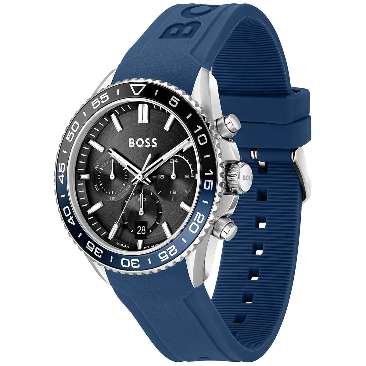 BOSS chronograph watch shown at angle with blue rubber strap and chronograph pushers