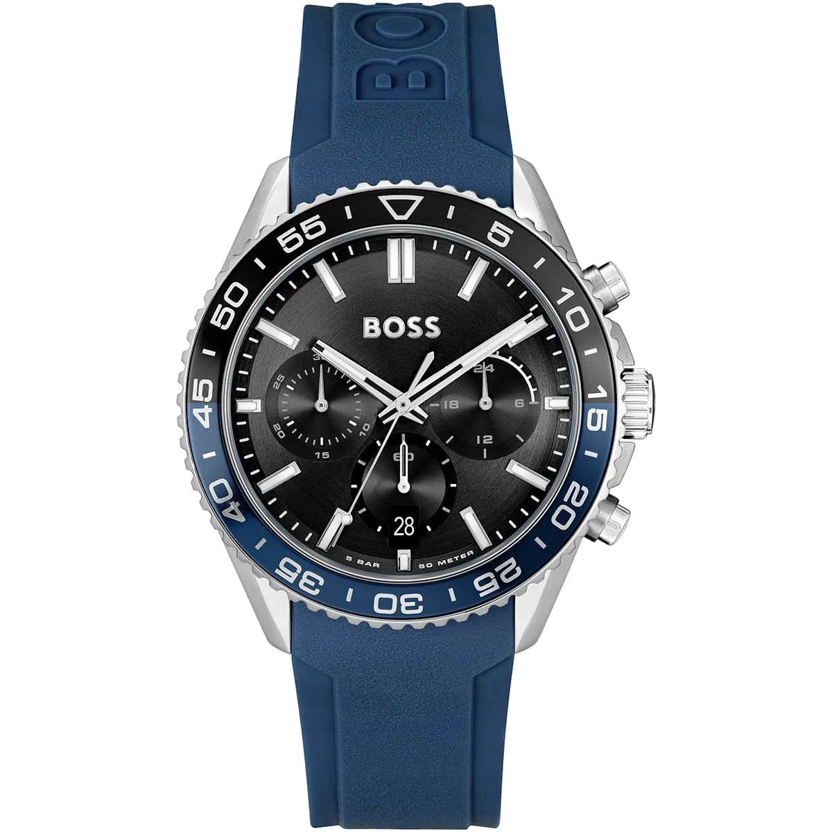 BOSS men's chronograph watch with black dial and blue silicone strap