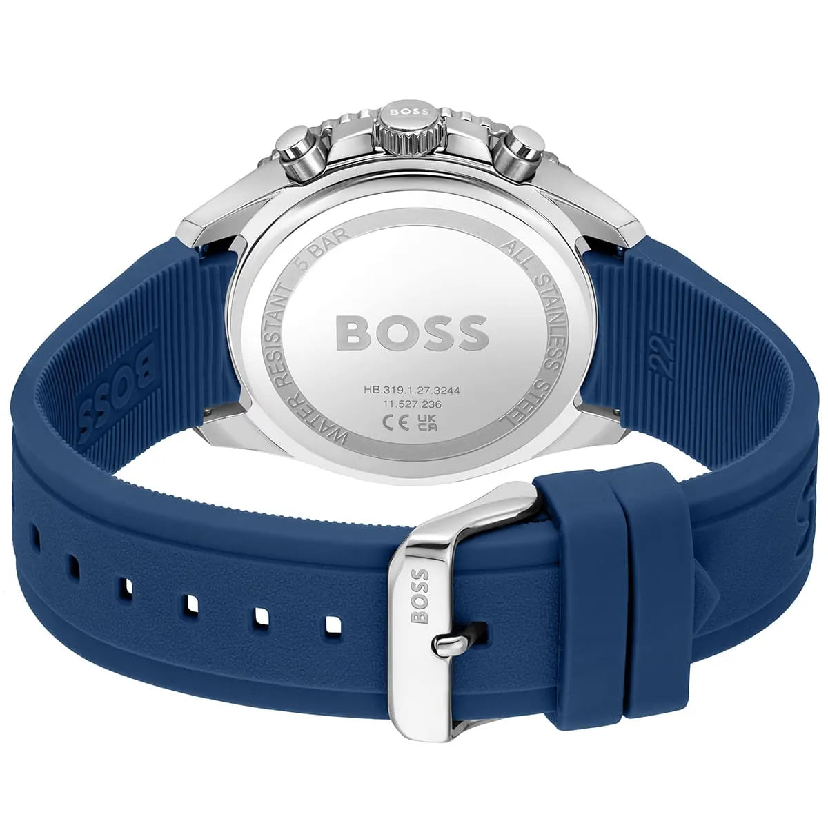 BOSS watch caseback showing stainless steel with engraved branding