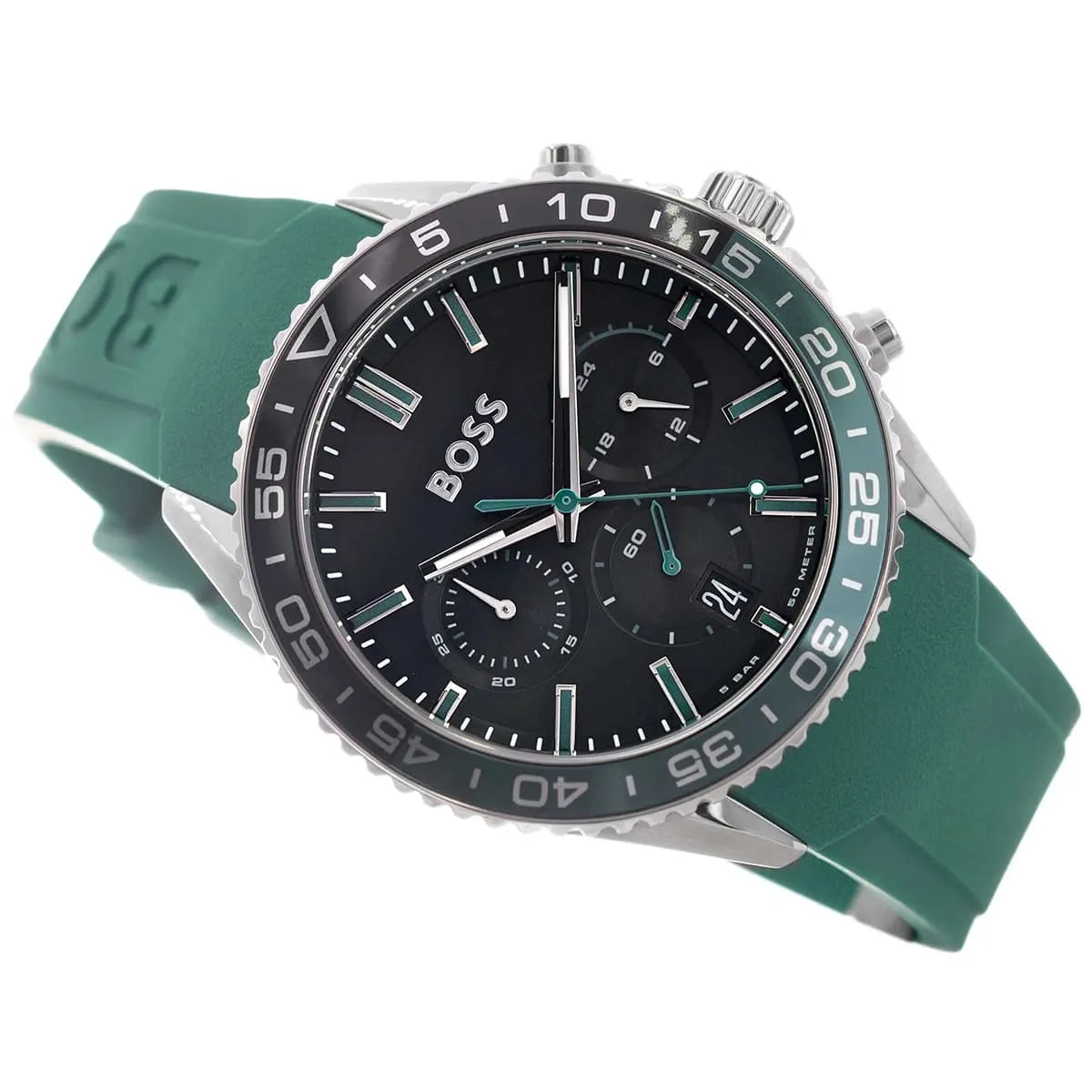 Hugo Boss PIONEER chronograph watch with black dial and green rubber strap from angled side view