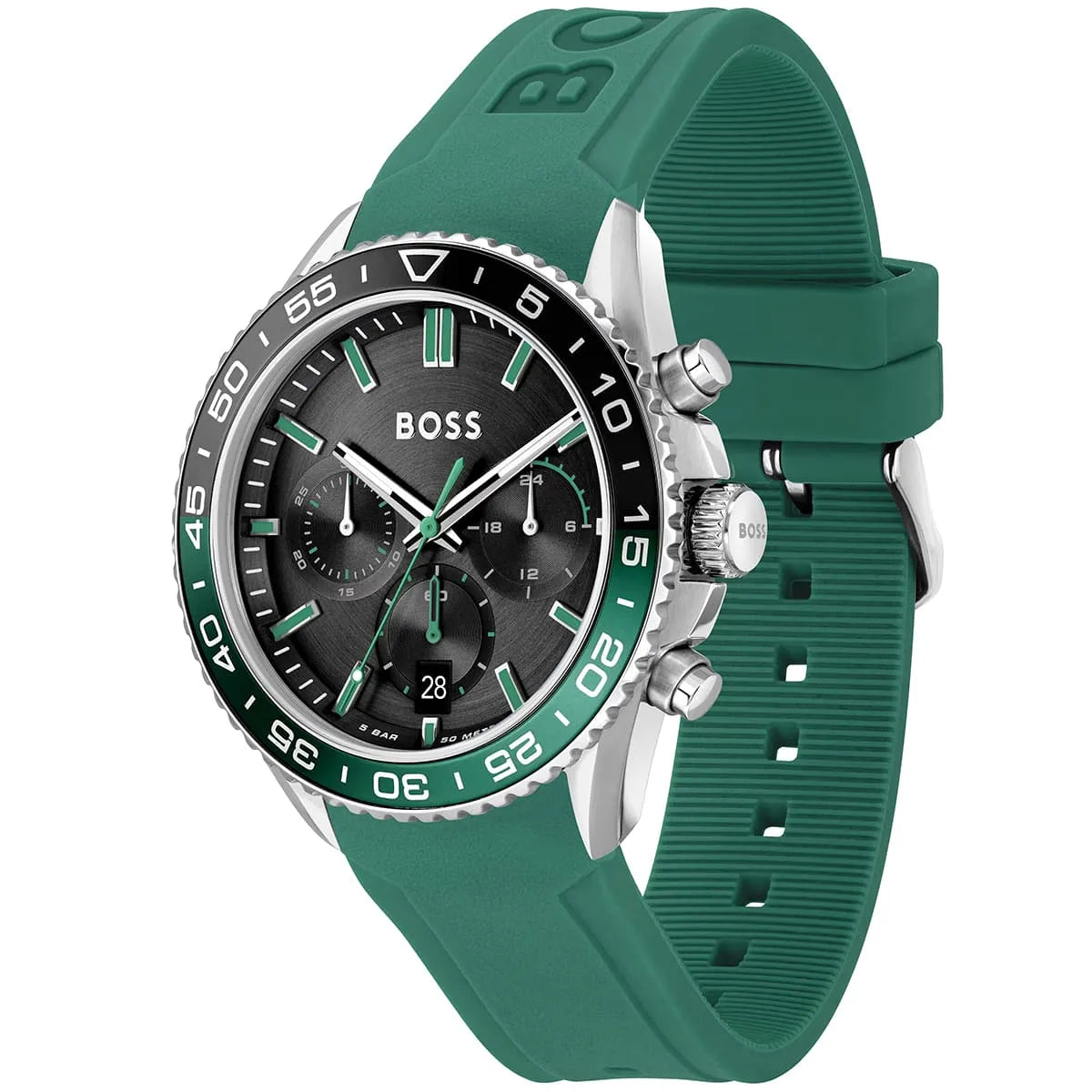 Hugo Boss PIONEER chronograph watch angled view showing green rubber strap and silver case