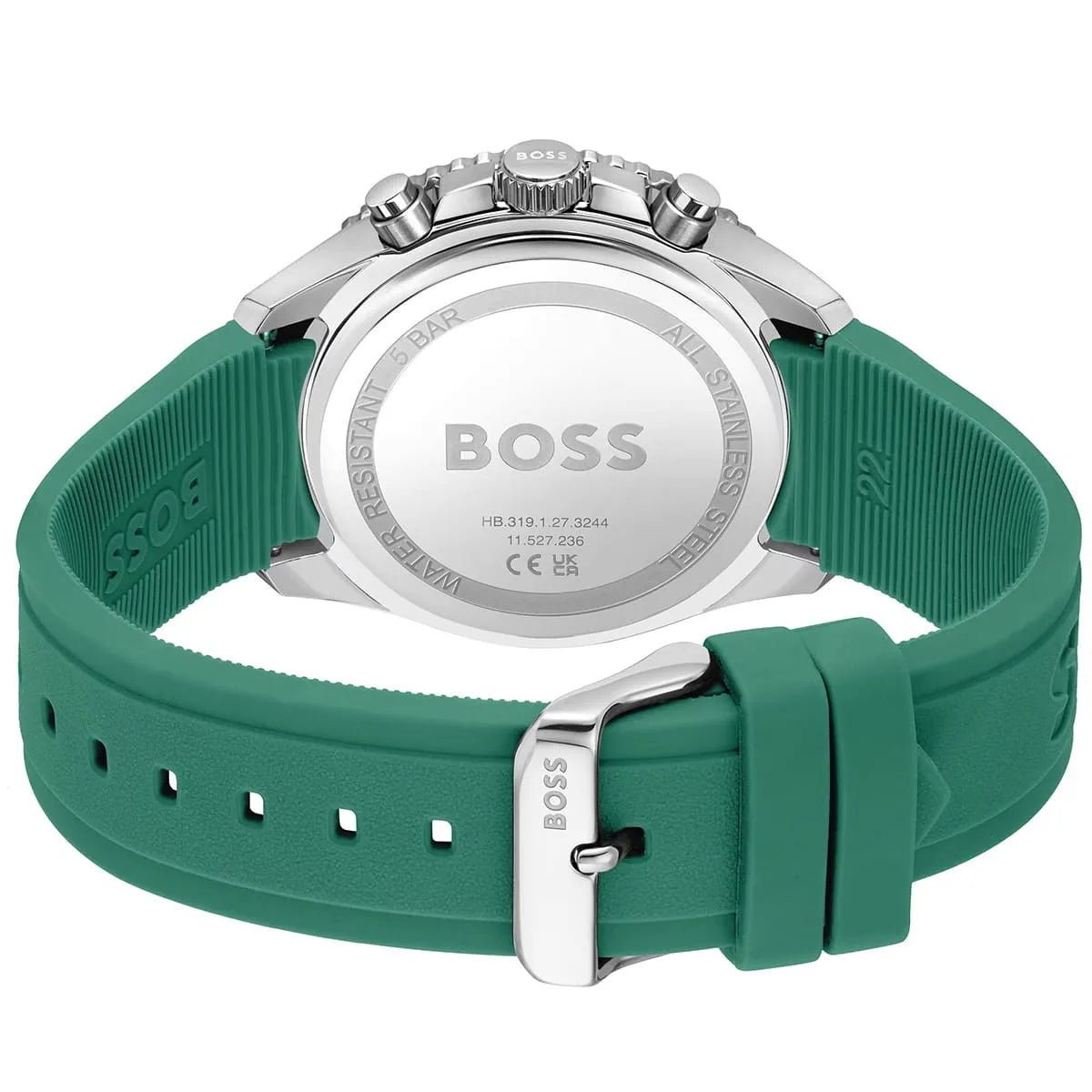 Hugo Boss PIONEER chronograph caseback with green rubber strap and buckle clasp