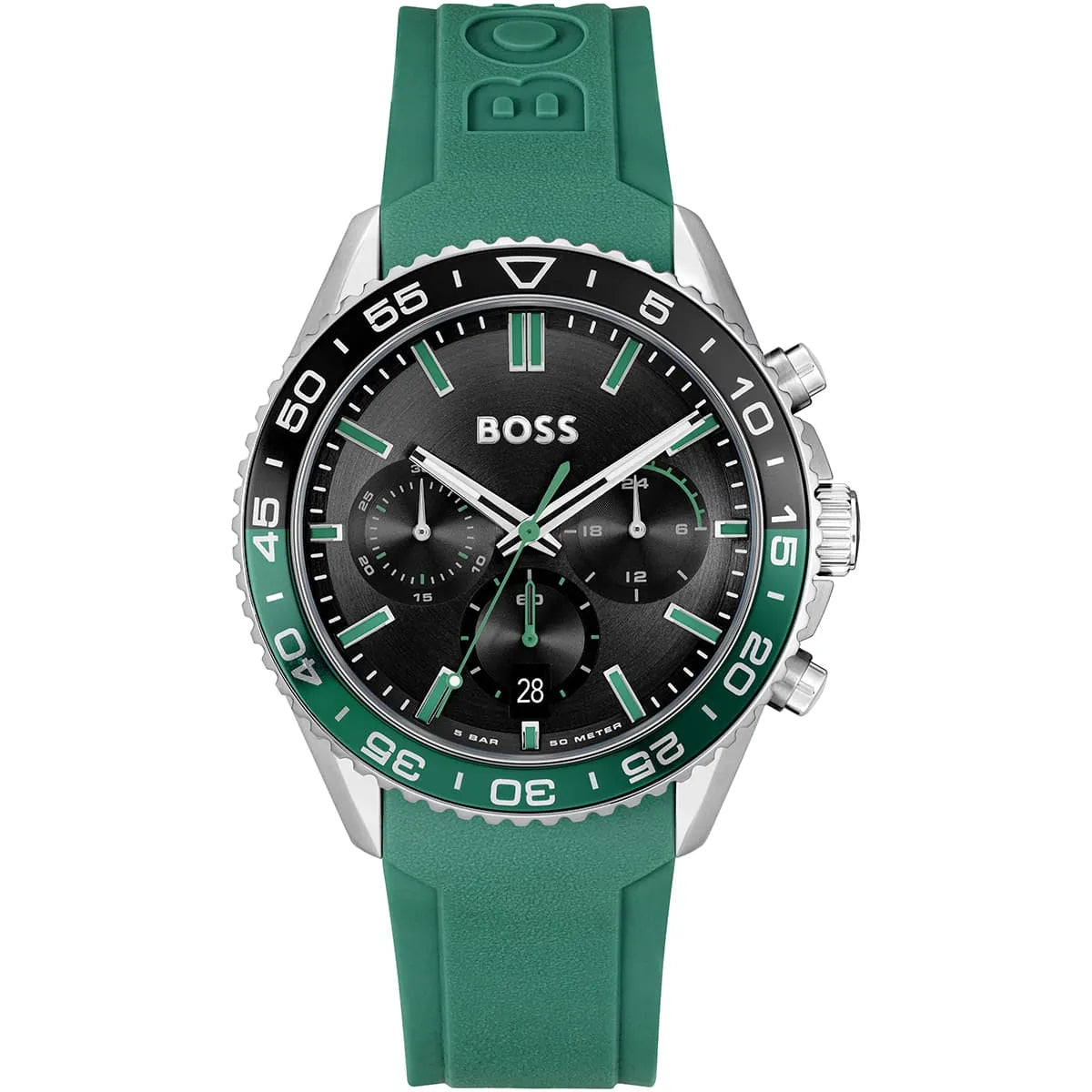 Hugo Boss PIONEER chronograph watch with black dial, green rubber strap, silver case