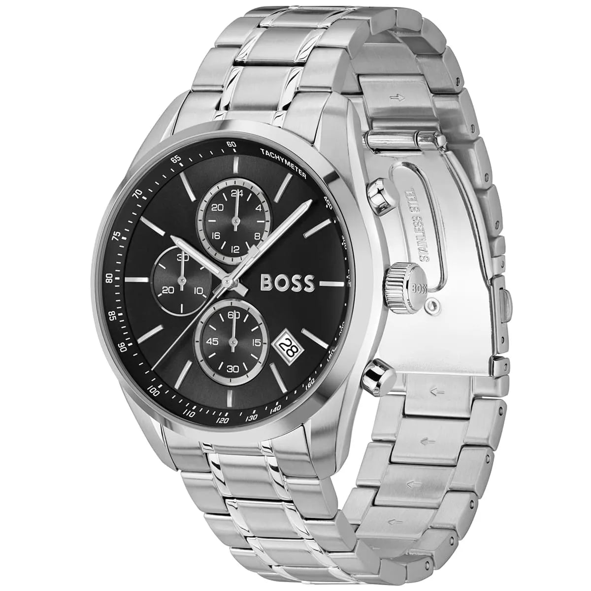 Hugo Boss Grand Prix chronograph watch angled view showing black dial and steel bracelet
