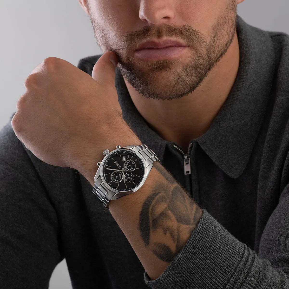 Hugo Boss Grand Prix men's chronograph watch worn on wrist with black dial visible