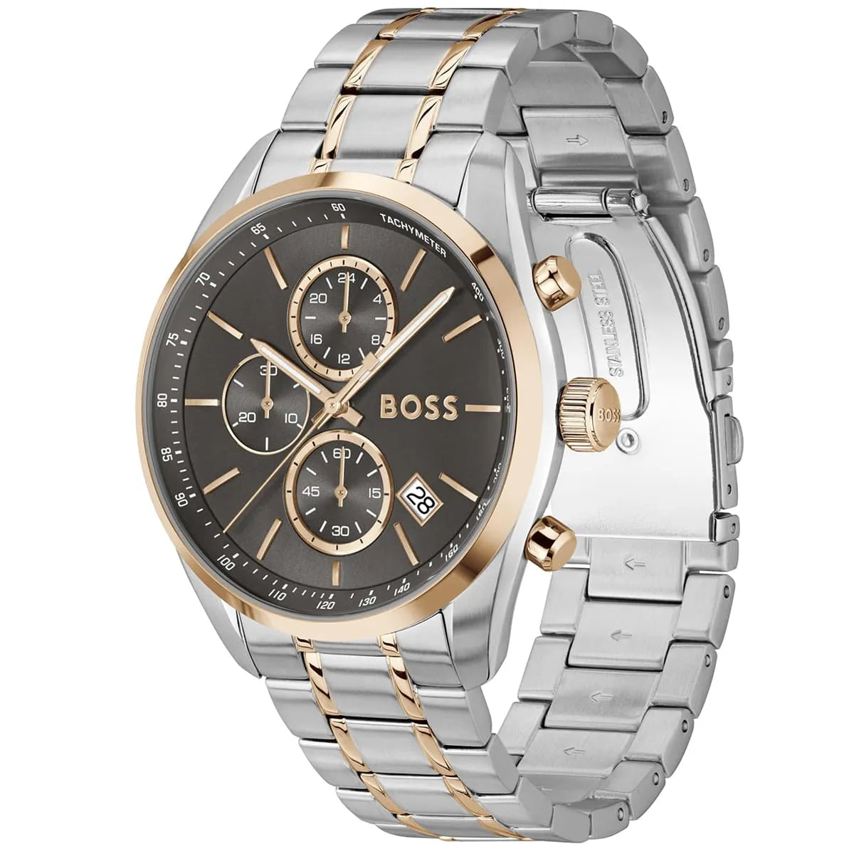 Hugo Boss Grand Prix watch at angle showing two-tone metal strap and rose gold bezel details
