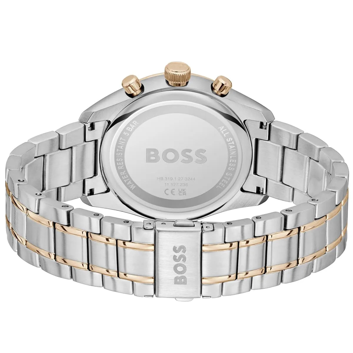 Hugo Boss Grand Prix watch caseback showing BOSS branding and two-tone metal strap
