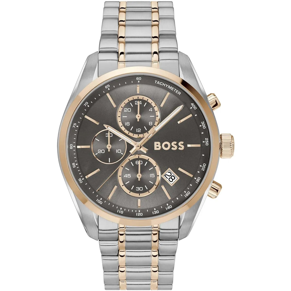 Hugo Boss Grand Prix chronograph men's watch with grey dial, two-tone steel and rose gold strap