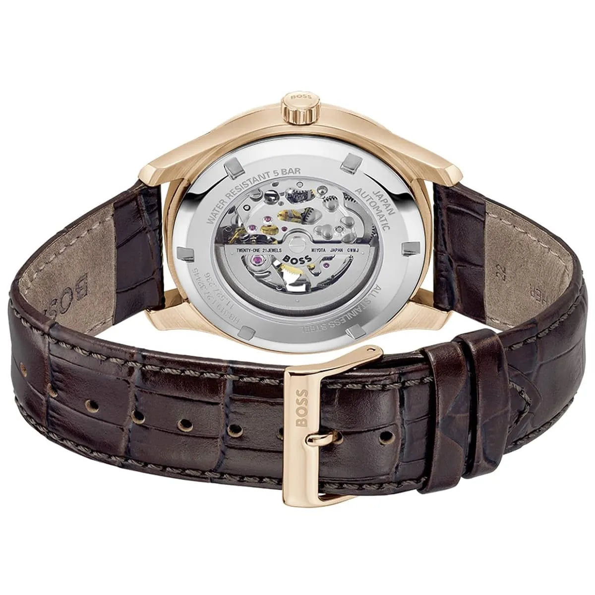 Hugo Boss Principle watch caseback displaying automatic skeleton movement and brown leather strap