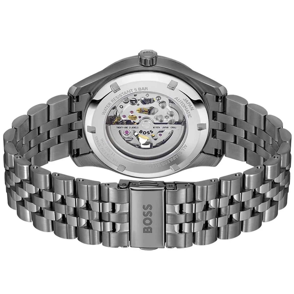 Hugo Boss Principle skeleton watch caseback with visible automatic movement