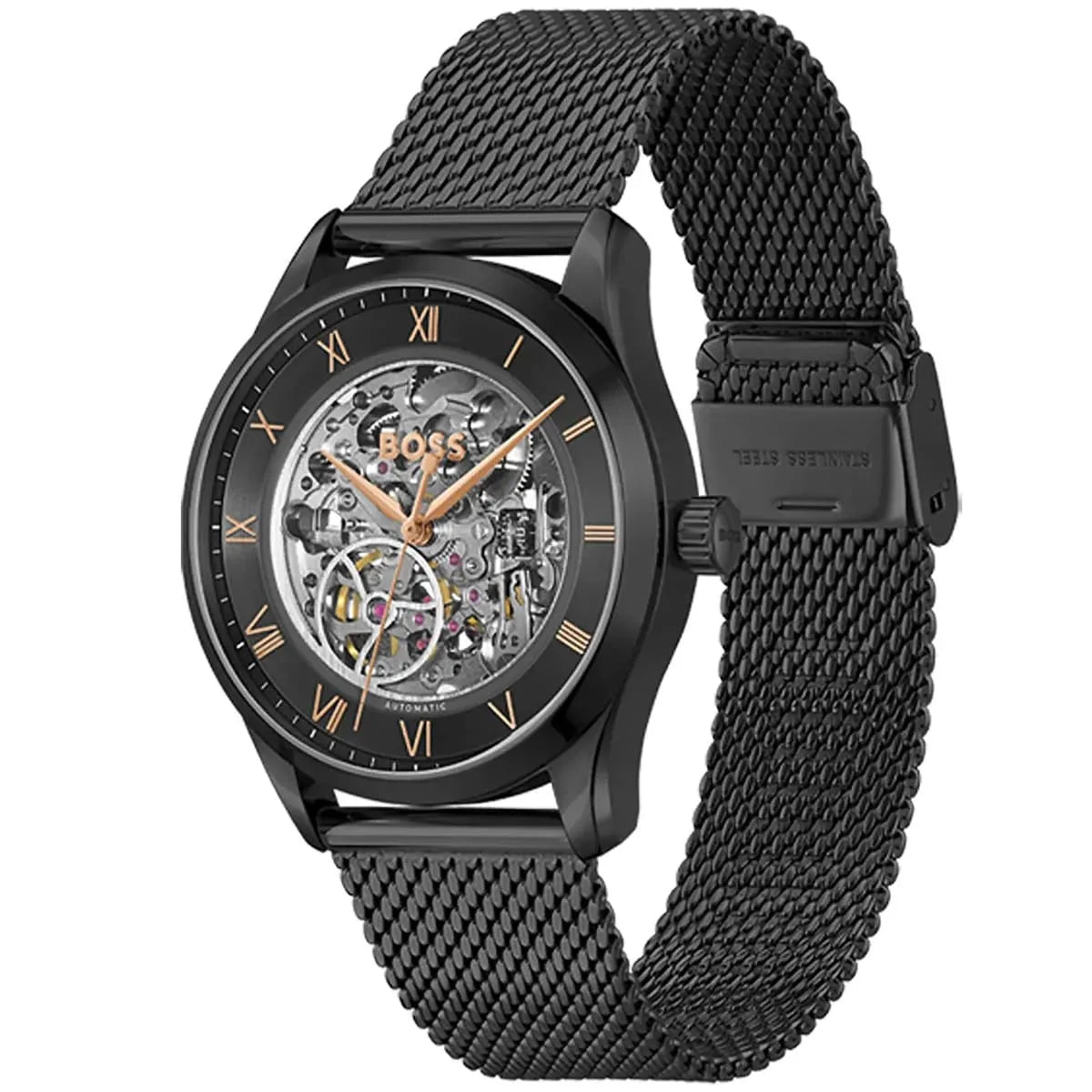 Hugo Boss Principle skeleton watch at angle showing mesh strap and skeleton dial with rose gold hands