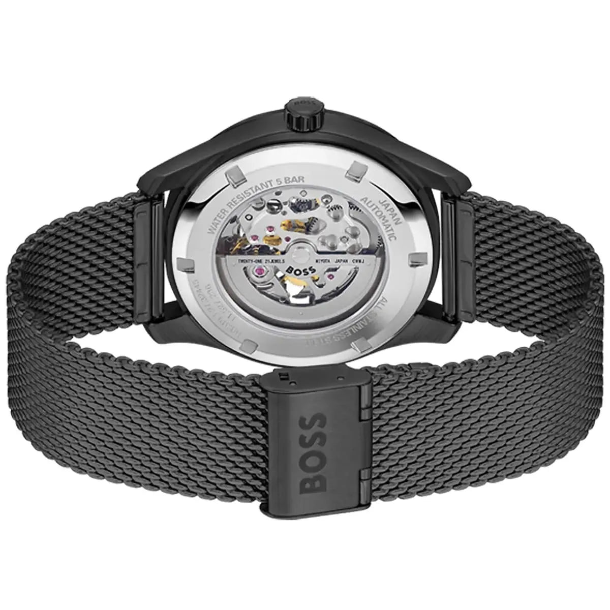 Hugo Boss Principle skeleton watch caseback showing automatic movement and transparent exhibition