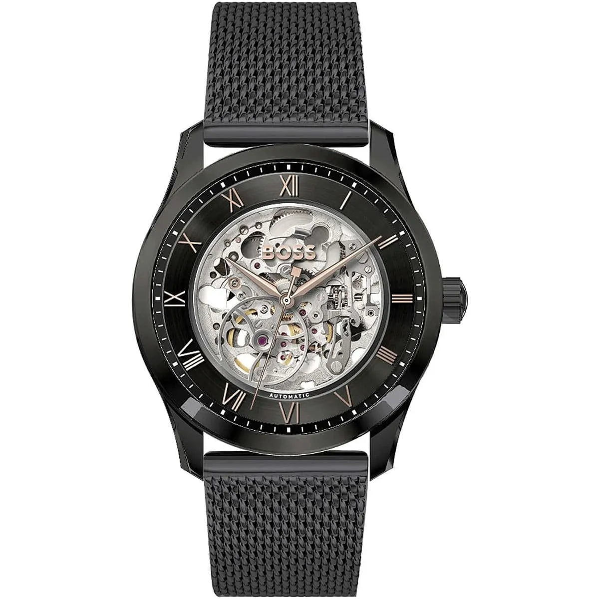 Hugo Boss Principle skeleton watch with black dial, Roman numerals, and black mesh strap