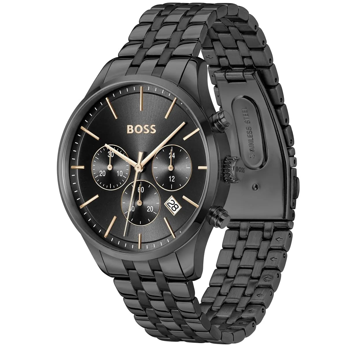 Hugo Boss chronograph watch angled view showing black dial and metal bracelet