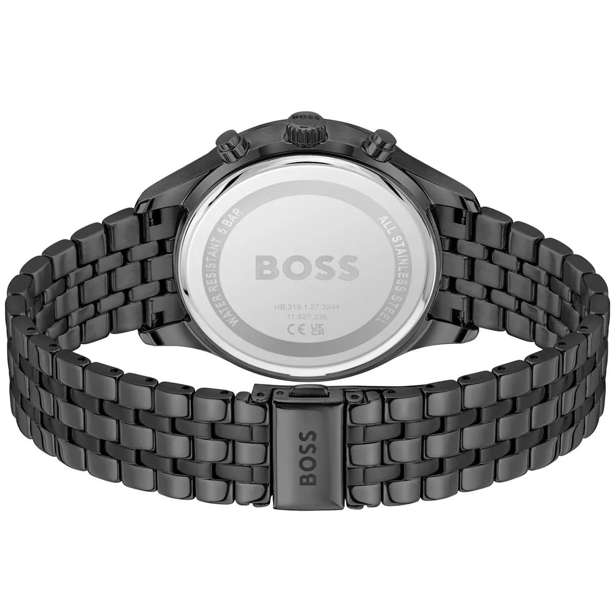 Hugo Boss watch caseback showing stainless steel case and metal bracelet