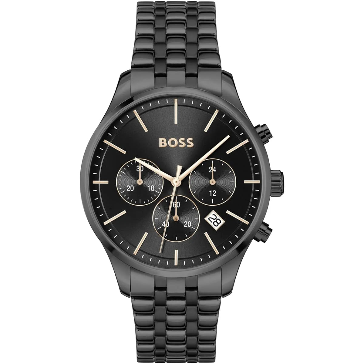 Hugo Boss black chronograph watch with black dial and stainless steel strap