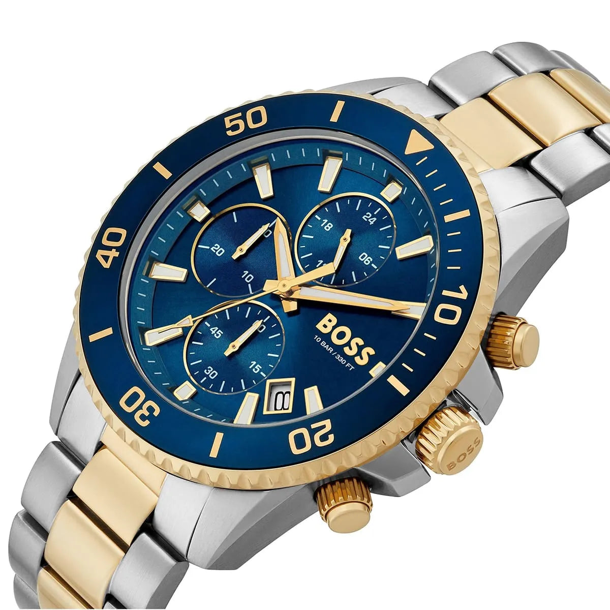Hugo Boss Admiral watch at angle showing blue dial, chronograph subdials, and two-tone bracelet