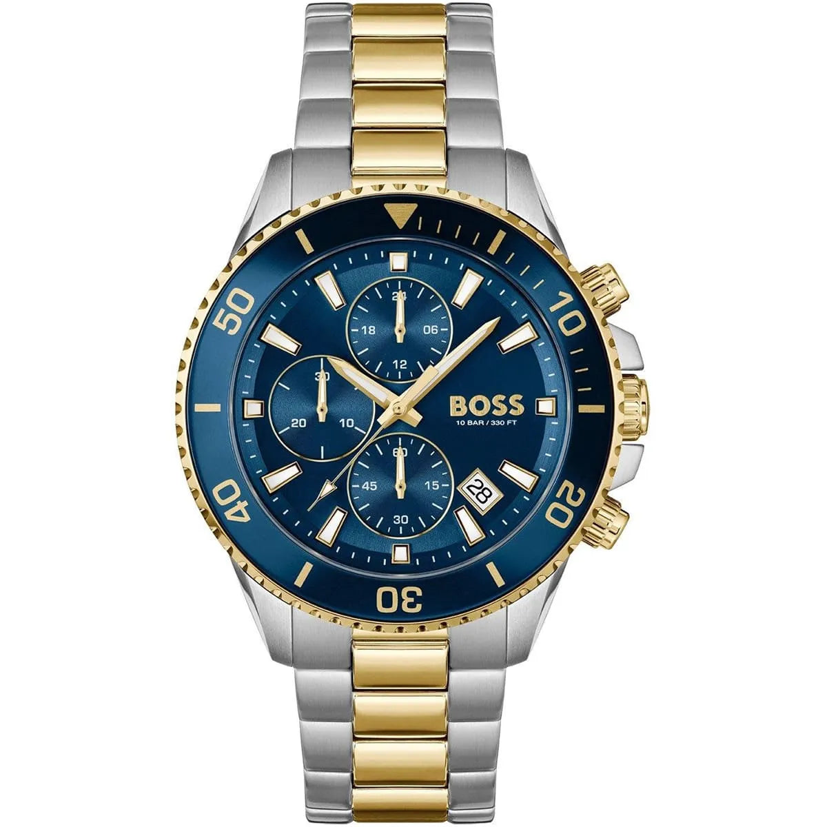 Hugo Boss Admiral chronograph watch with blue dial, two-tone silver and gold steel bracelet